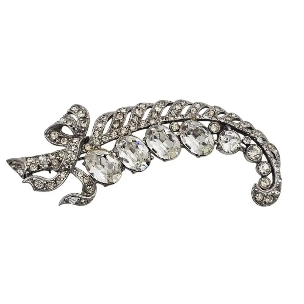 Vintage Clear Ice Rhinestone Large Feather/leaf Design Brooch Pin